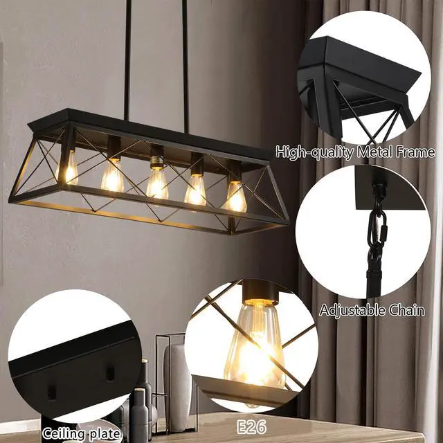 Alt view image 6 of 7 - 32-inch Black industrial 5-Light Pendant Chandelier, Modern Metal Cage Design, Adjustable Hanging Light for Dining Room, Kitchen, Living Room (Bulb Not included)
