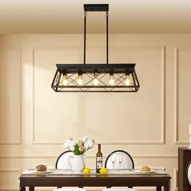 Alt view image 3 of 7 - 32" Black Gold industrial 5-Light Pendant Chandelier, Modern Metal Cage Design, Adjustable Hanging Light for Dining Room, Kitchen, Living Room (No Bulbs)