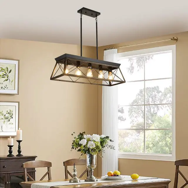 Alt view image 4 of 7 - 32" Black Gold industrial 5-Light Pendant Chandelier, Modern Metal Cage Design, Adjustable Hanging Light for Dining Room, Kitchen, Living Room (No Bulbs)