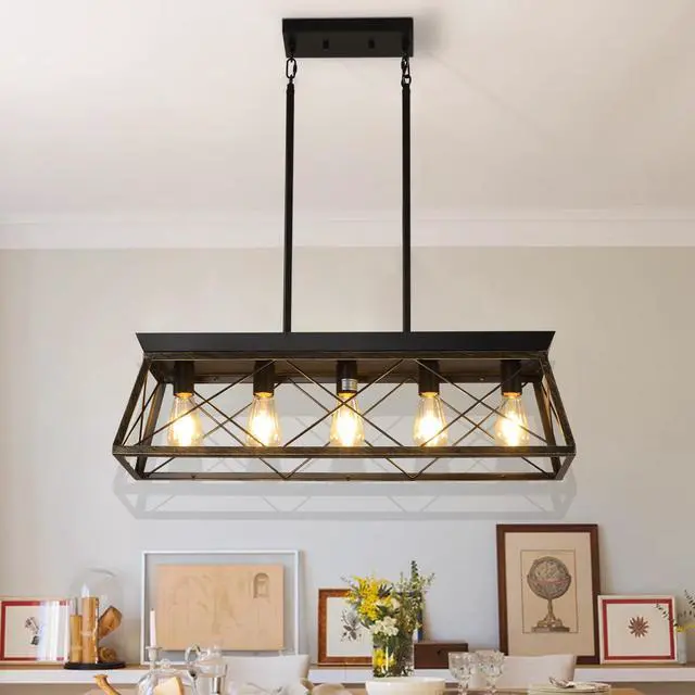 Alt view image 5 of 7 - 32" Black Gold industrial 5-Light Pendant Chandelier, Modern Metal Cage Design, Adjustable Hanging Light for Dining Room, Kitchen, Living Room (No Bulbs)