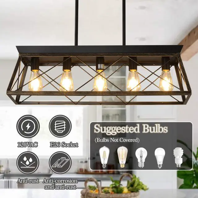 Alt view image 6 of 7 - 32" Black Gold industrial 5-Light Pendant Chandelier, Modern Metal Cage Design, Adjustable Hanging Light for Dining Room, Kitchen, Living Room (No Bulbs)