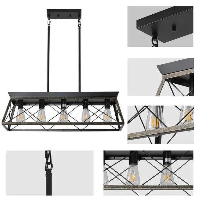 Alt view image 7 of 7 - 32" Black Gold industrial 5-Light Pendant Chandelier, Modern Metal Cage Design, Adjustable Hanging Light for Dining Room, Kitchen, Living Room (No Bulbs)