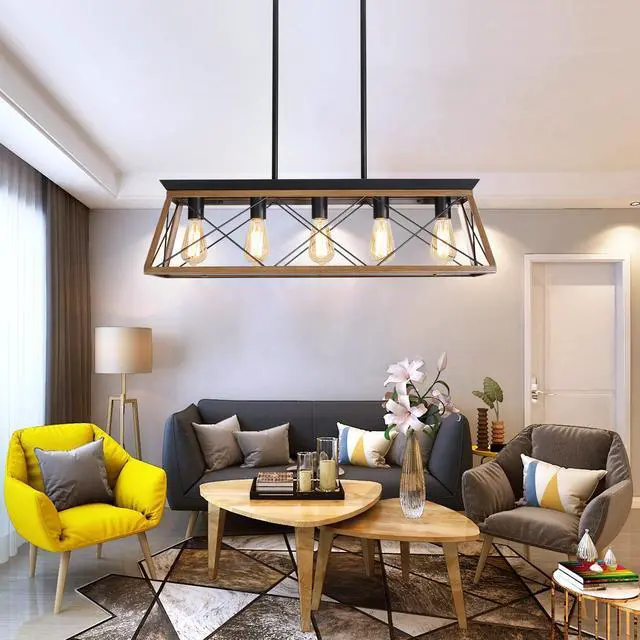 Main image of 32" Walnut industrial 5-Light Pendant Chandelier, Modern Metal Cage Design, Adjustable Hanging Light for Dining Room, Kitchen, Living Room (No Bulbs)