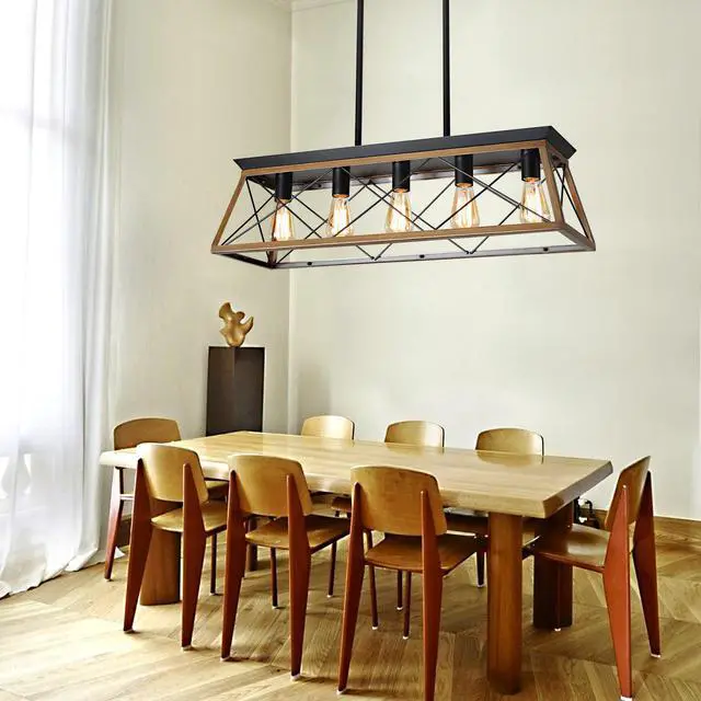 Alt view image 2 of 7 - 32" Walnut industrial 5-Light Pendant Chandelier, Modern Metal Cage Design, Adjustable Hanging Light for Dining Room, Kitchen, Living Room (No Bulbs)