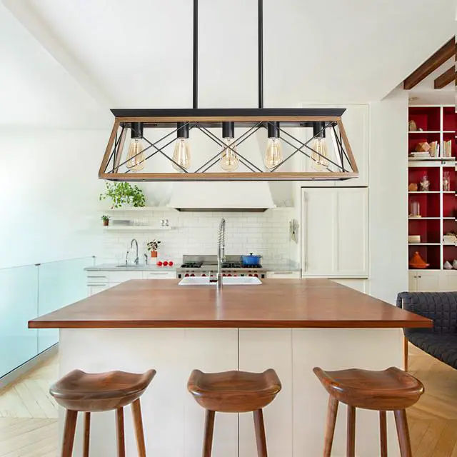 Alt view image 3 of 7 - 32" Walnut industrial 5-Light Pendant Chandelier, Modern Metal Cage Design, Adjustable Hanging Light for Dining Room, Kitchen, Living Room (No Bulbs)