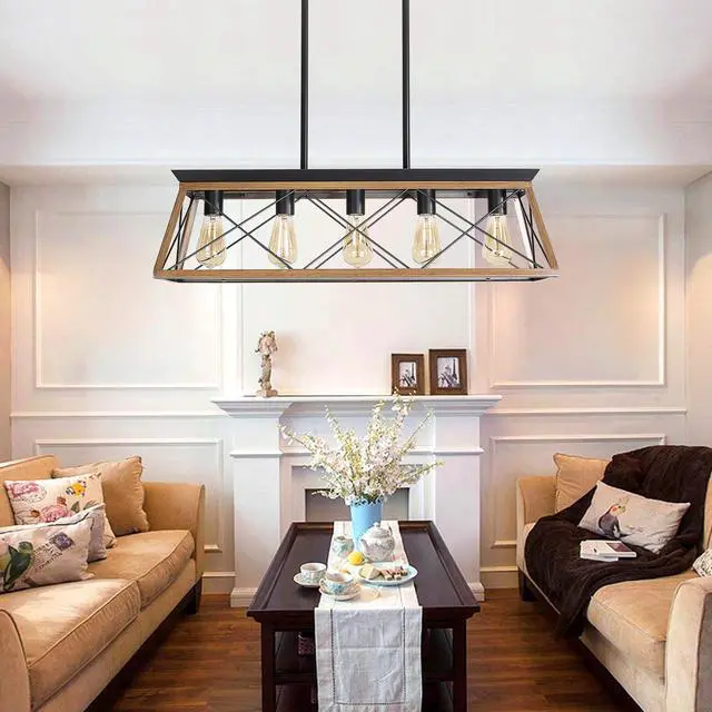 Alt view image 4 of 7 - 32" Walnut industrial 5-Light Pendant Chandelier, Modern Metal Cage Design, Adjustable Hanging Light for Dining Room, Kitchen, Living Room (No Bulbs)