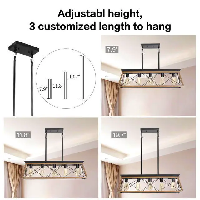 Alt view image 5 of 7 - 32" Walnut industrial 5-Light Pendant Chandelier, Modern Metal Cage Design, Adjustable Hanging Light for Dining Room, Kitchen, Living Room (No Bulbs)