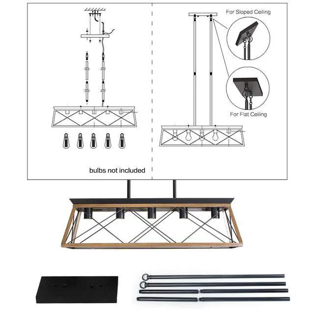 Alt view image 7 of 7 - 32" Walnut industrial 5-Light Pendant Chandelier, Modern Metal Cage Design, Adjustable Hanging Light for Dining Room, Kitchen, Living Room (No Bulbs)