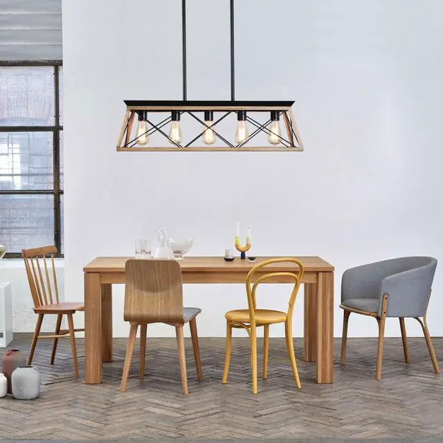 Main image of 32" Oak industrial 5-Light Pendant Chandelier, Modern Metal Cage Design, Adjustable Hanging Light for Dining Room, Kitchen, Living Room (No Bulbs)
