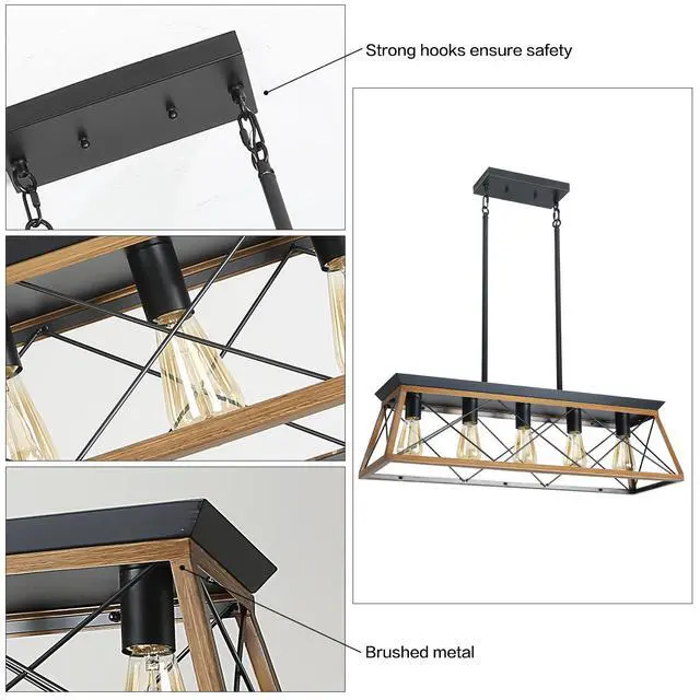 Alt view image 6 of 7 - 32" Walnut industrial 5-Light Pendant Chandelier, Modern Metal Cage Design, Adjustable Hanging Light for Dining Room, Kitchen, Living Room (No Bulbs)