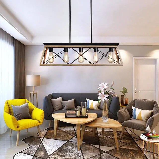 Alt view image 2 of 7 - 32" Oak industrial 5-Light Pendant Chandelier, Modern Metal Cage Design, Adjustable Hanging Light for Dining Room, Kitchen, Living Room (No Bulbs)