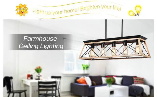 Alt view image 3 of 7 - 32" Oak industrial 5-Light Pendant Chandelier, Modern Metal Cage Design, Adjustable Hanging Light for Dining Room, Kitchen, Living Room (No Bulbs)