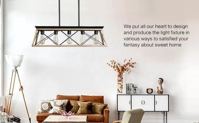 Alt view image 4 of 7 - 32" Oak industrial 5-Light Pendant Chandelier, Modern Metal Cage Design, Adjustable Hanging Light for Dining Room, Kitchen, Living Room (No Bulbs)