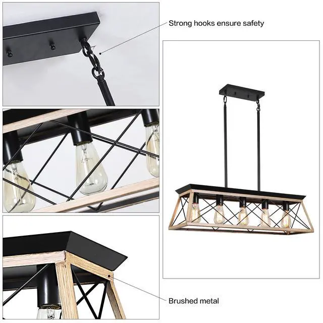 Alt view image 6 of 7 - 32" Oak industrial 5-Light Pendant Chandelier, Modern Metal Cage Design, Adjustable Hanging Light for Dining Room, Kitchen, Living Room (No Bulbs)
