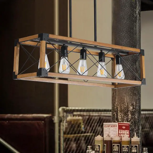 Main image of 32" Walnut industrial Farmhouse Rectangle Pendant Light, 5-Light Chandelier for Dining Room, Kitchen Island, Cafe Decor (No Bulbs)