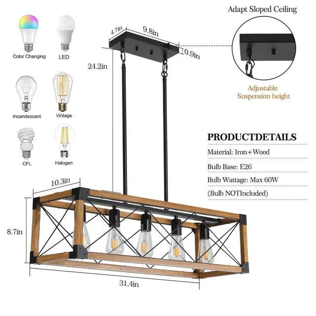 Alt view image 6 of 7 - 32" Walnut industrial Farmhouse Rectangle Pendant Light, 5-Light Chandelier for Dining Room, Kitchen Island, Cafe Decor (No Bulbs)