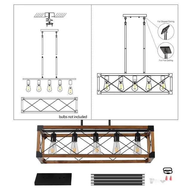 Alt view image 7 of 7 - 32" Walnut industrial Farmhouse Rectangle Pendant Light, 5-Light Chandelier for Dining Room, Kitchen Island, Cafe Decor (No Bulbs)