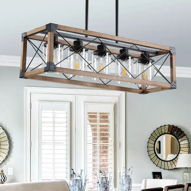 Alt view image 3 of 7 - 32" Walnut industrial Farmhouse Rectangle Pendant Light, 5-Light Chandelier with Lampshades for Dining Room, Kitchen Island, Cafe Decor (No Bulbs)