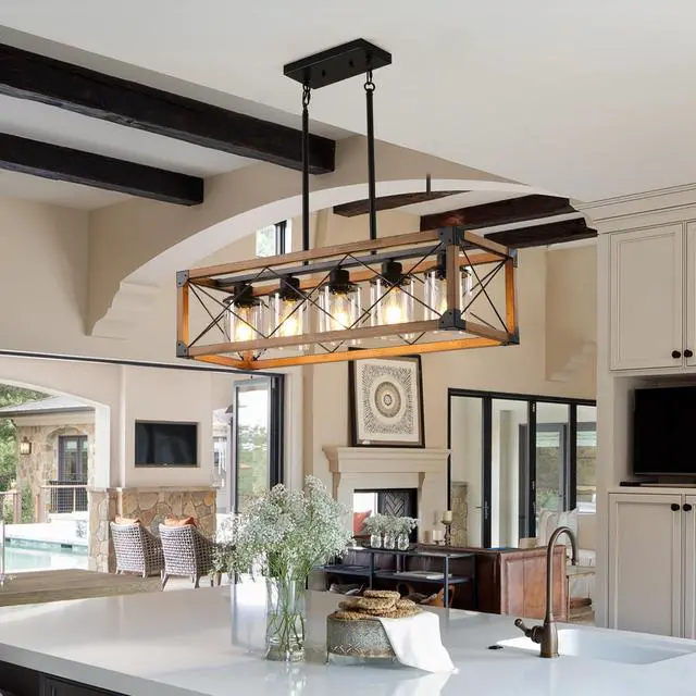 Alt view image 2 of 7 - 32" Walnut industrial Farmhouse Rectangle Pendant Light, 5-Light Chandelier with Lampshades for Dining Room, Kitchen Island, Cafe Decor (No Bulbs)