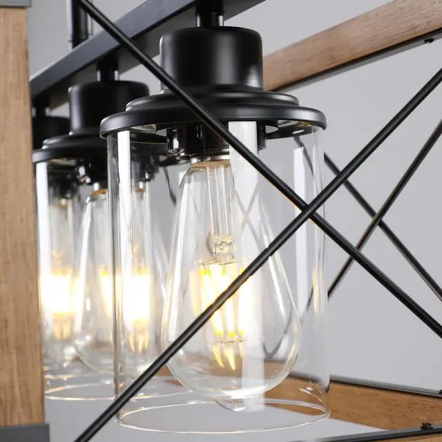 Alt view image 4 of 7 - 32" Walnut industrial Farmhouse Rectangle Pendant Light, 5-Light Chandelier with Lampshades for Dining Room, Kitchen Island, Cafe Decor (No Bulbs)