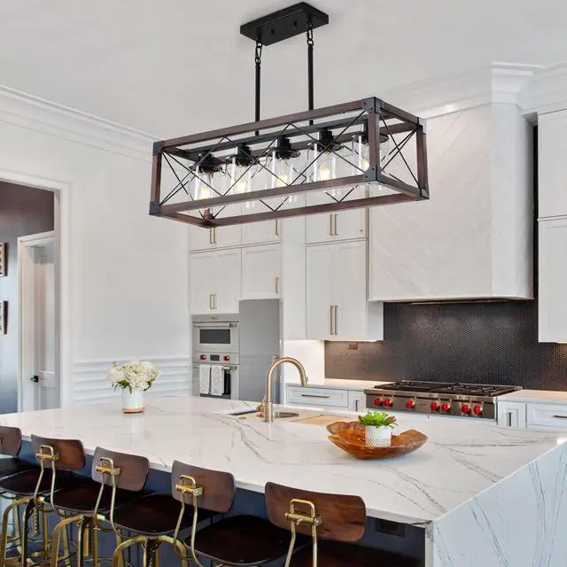 Main image of 32" Red Wood industrial Farmhouse Rectangle Pendant Light, 5-Light Chandelier with Lampshade for Dining Room, Kitchen Island, Cafe Decor (No Bulbs)
