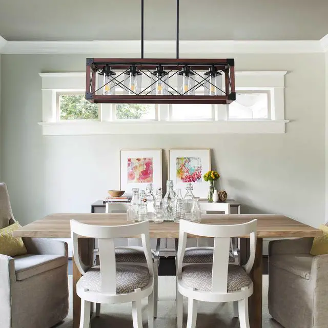 Alt view image 2 of 7 - 32" Red Wood industrial Farmhouse Rectangle Pendant Light, 5-Light Chandelier with Lampshade for Dining Room, Kitchen Island, Cafe Decor (No Bulbs)