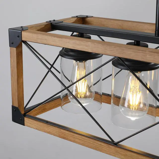 Alt view image 7 of 7 - 32" Walnut industrial Farmhouse Rectangle Pendant Light, 5-Light Chandelier with Lampshades for Dining Room, Kitchen Island, Cafe Decor (No Bulbs)