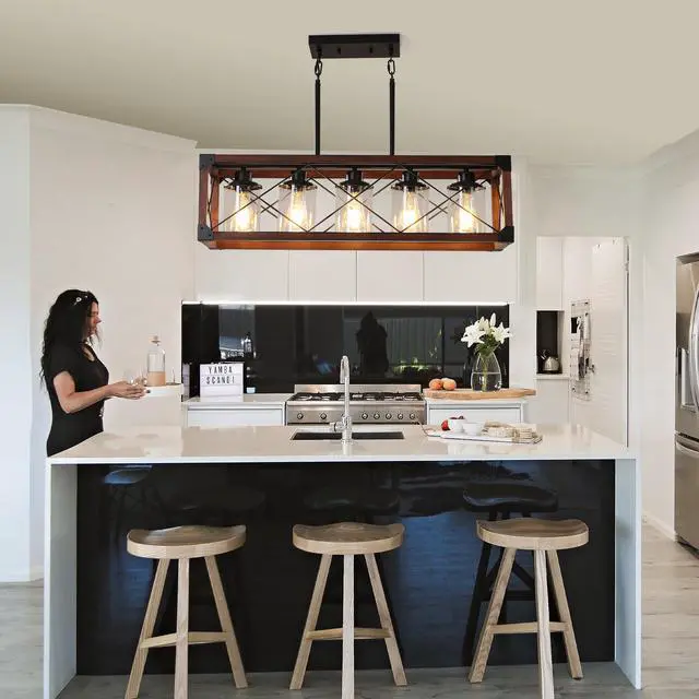 Alt view image 3 of 7 - 32" Red Wood industrial Farmhouse Rectangle Pendant Light, 5-Light Chandelier with Lampshade for Dining Room, Kitchen Island, Cafe Decor (No Bulbs)