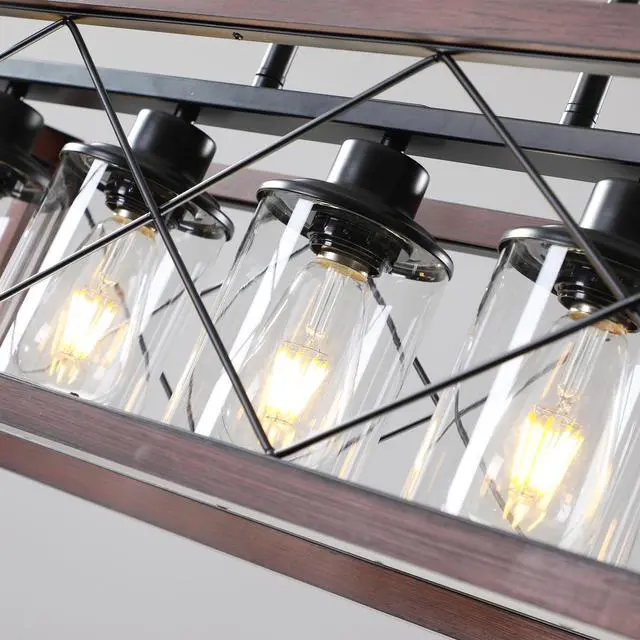 Alt view image 5 of 7 - 32" Red Wood industrial Farmhouse Rectangle Pendant Light, 5-Light Chandelier with Lampshade for Dining Room, Kitchen Island, Cafe Decor (No Bulbs)