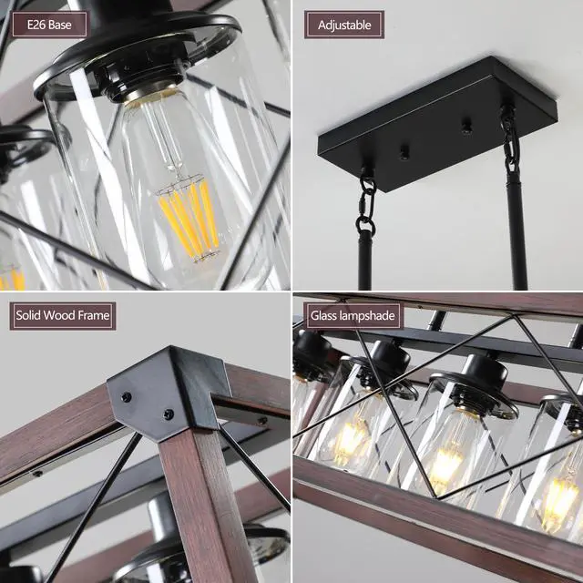 Alt view image 4 of 7 - 32" Red Wood industrial Farmhouse Rectangle Pendant Light, 5-Light Chandelier with Lampshade for Dining Room, Kitchen Island, Cafe Decor (No Bulbs)