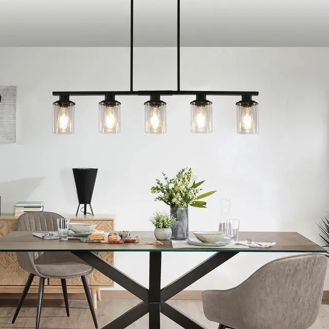 Alt view image 4 of 7 - 37" Modern industrial 5-Light Chandelier with Clear Glass Shades, Matte Black Metal Frame Hanging Ceiling Light Fixture for Dining Room, Kitchen Island, Living Room (No Bulbs)