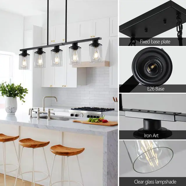 Alt view image 5 of 7 - 37" Modern industrial 5-Light Chandelier with Clear Glass Shades, Matte Black Metal Frame Hanging Ceiling Light Fixture for Dining Room, Kitchen Island, Living Room (No Bulbs)