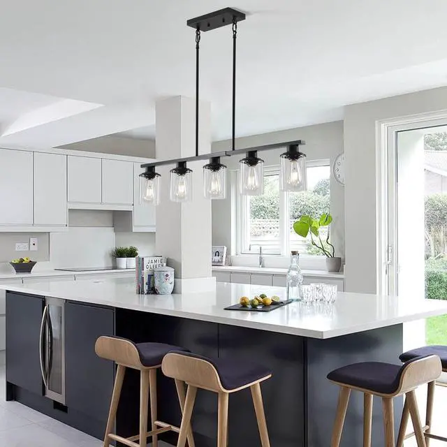 Alt view image 2 of 7 - 37" Modern industrial 5-Light Chandelier with Clear Glass Shades, Matte Black Metal Frame Hanging Ceiling Light Fixture for Dining Room, Kitchen Island, Living Room (No Bulbs)