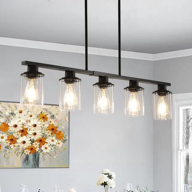 Alt view image 3 of 7 - 37" Modern industrial 5-Light Chandelier with Clear Glass Shades, Matte Black Metal Frame Hanging Ceiling Light Fixture for Dining Room, Kitchen Island, Living Room (No Bulbs)