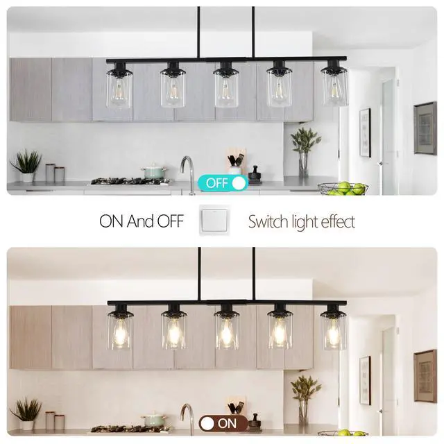 Alt view image 6 of 7 - 37" Modern industrial 5-Light Chandelier with Clear Glass Shades, Matte Black Metal Frame Hanging Ceiling Light Fixture for Dining Room, Kitchen Island, Living Room (No Bulbs)