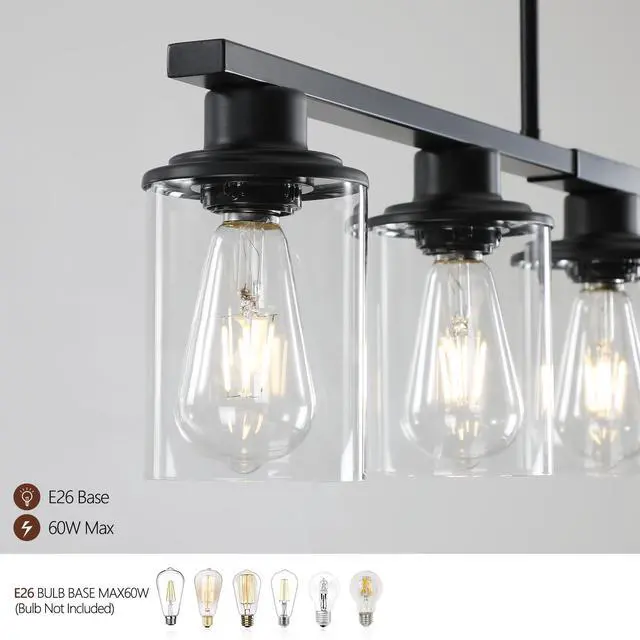 Alt view image 7 of 7 - 37" Modern industrial 5-Light Chandelier with Clear Glass Shades, Matte Black Metal Frame Hanging Ceiling Light Fixture for Dining Room, Kitchen Island, Living Room (No Bulbs)