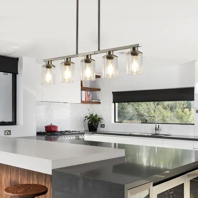 Alt view image 2 of 7 - 37" Brushed Nickel 5-Light Chandelier - Contemporary Kitchen Island Pendant Light with Clear Glass Shades for Dining Room, Farmhouse, Or Modern Decor (No Bulbs)
