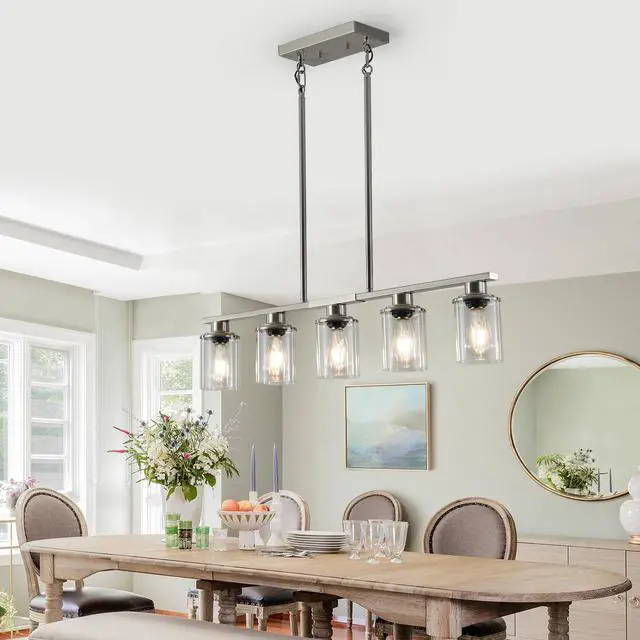 Alt view image 3 of 7 - 37" Brushed Nickel 5-Light Chandelier - Contemporary Kitchen Island Pendant Light with Clear Glass Shades for Dining Room, Farmhouse, Or Modern Decor (No Bulbs)