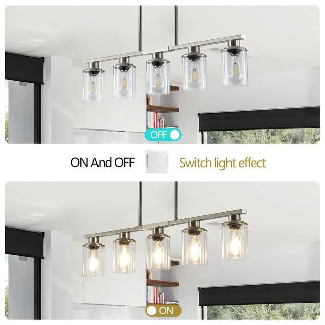 Alt view image 4 of 7 - 37" Brushed Nickel 5-Light Chandelier - Contemporary Kitchen Island Pendant Light with Clear Glass Shades for Dining Room, Farmhouse, Or Modern Decor (No Bulbs)