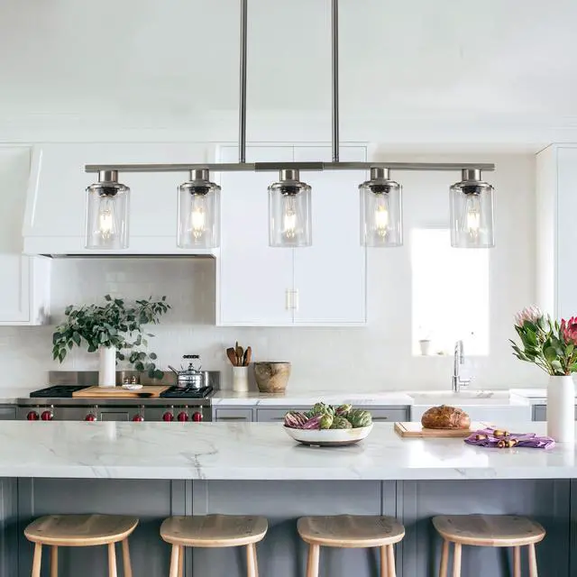 Alt view image 6 of 7 - 37" Brushed Nickel 5-Light Chandelier - Contemporary Kitchen Island Pendant Light with Clear Glass Shades for Dining Room, Farmhouse, Or Modern Decor (No Bulbs)