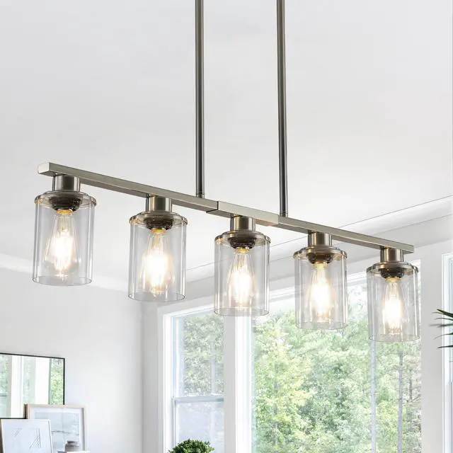 Alt view image 7 of 7 - 37" Brushed Nickel 5-Light Chandelier - Contemporary Kitchen Island Pendant Light with Clear Glass Shades for Dining Room, Farmhouse, Or Modern Decor (No Bulbs)