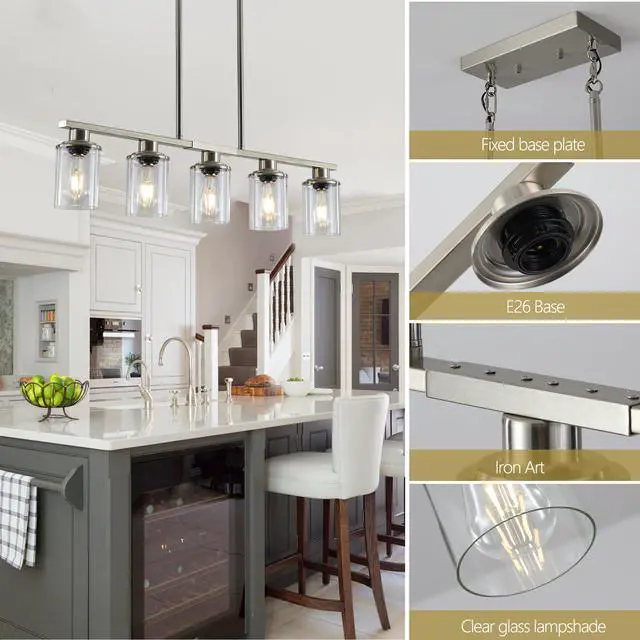 Alt view image 5 of 7 - 37" Brushed Nickel 5-Light Chandelier - Contemporary Kitchen Island Pendant Light with Clear Glass Shades for Dining Room, Farmhouse, Or Modern Decor (No Bulbs)