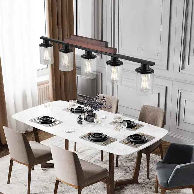 Main image of 37" Farmhouse industrial 5-Light Kitchen Island Pendant Light, Metal Wood Chandelier with Clear Glass Shades, Adjustable Height Hanging Fixture for Dining Room, Living Room, Kitchen (No Bulbs)