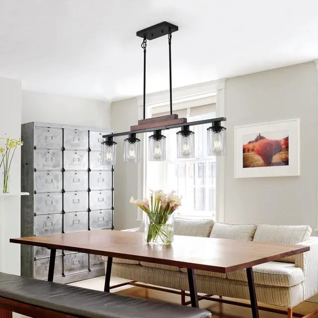 Alt view image 2 of 7 - 37" Farmhouse industrial 5-Light Kitchen Island Pendant Light, Metal Wood Chandelier with Clear Glass Shades, Adjustable Height Hanging Fixture for Dining Room, Living Room, Kitchen (No Bulbs)