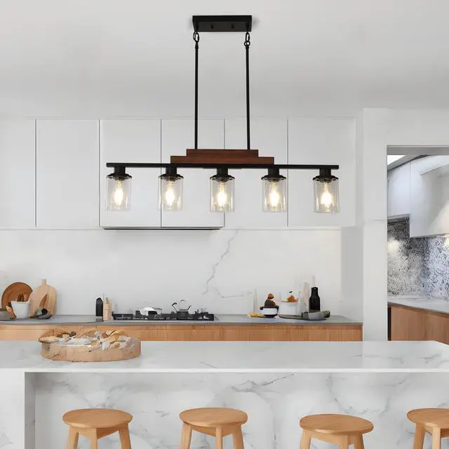 Alt view image 3 of 7 - 37" Farmhouse industrial 5-Light Kitchen Island Pendant Light, Metal Wood Chandelier with Clear Glass Shades, Adjustable Height Hanging Fixture for Dining Room, Living Room, Kitchen (No Bulbs)