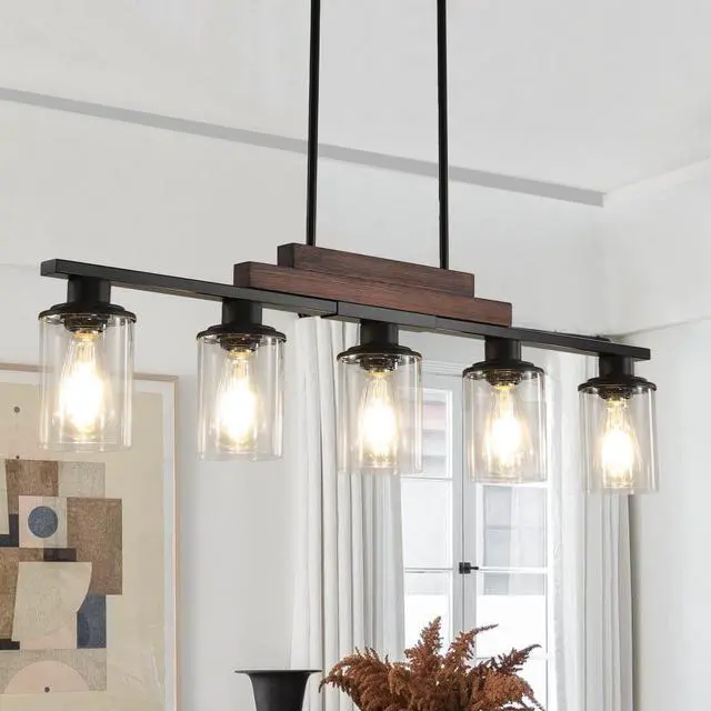 Alt view image 4 of 7 - 37" Farmhouse industrial 5-Light Kitchen Island Pendant Light, Metal Wood Chandelier with Clear Glass Shades, Adjustable Height Hanging Fixture for Dining Room, Living Room, Kitchen (No Bulbs)
