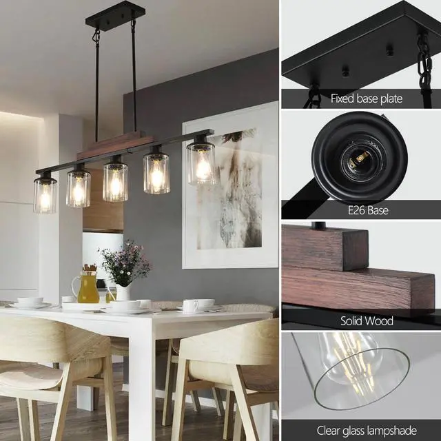 Alt view image 5 of 7 - 37" Farmhouse industrial 5-Light Kitchen Island Pendant Light, Metal Wood Chandelier with Clear Glass Shades, Adjustable Height Hanging Fixture for Dining Room, Living Room, Kitchen (No Bulbs)