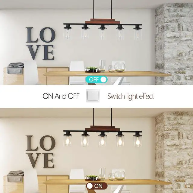 Alt view image 6 of 7 - 37" Farmhouse industrial 5-Light Kitchen Island Pendant Light, Metal Wood Chandelier with Clear Glass Shades, Adjustable Height Hanging Fixture for Dining Room, Living Room, Kitchen (No Bulbs)