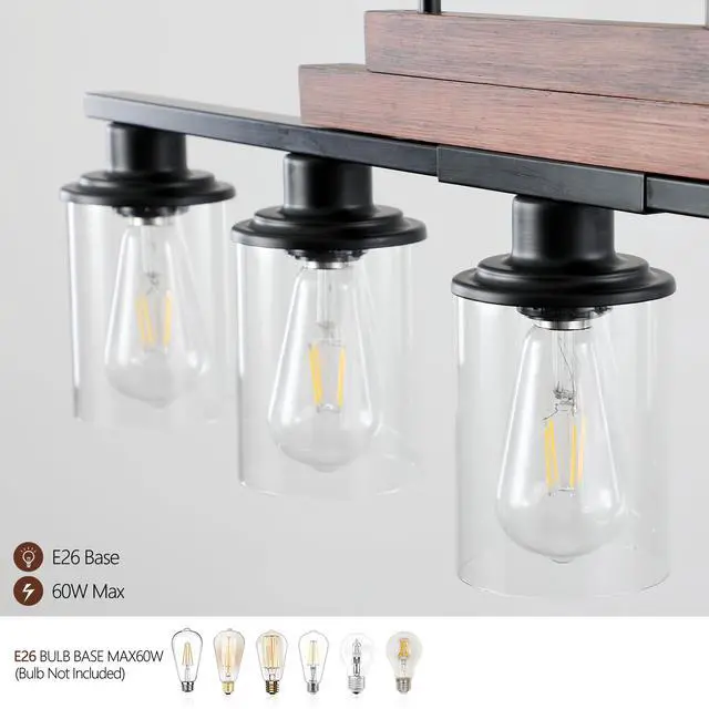 Alt view image 7 of 7 - 37" Farmhouse industrial 5-Light Kitchen Island Pendant Light, Metal Wood Chandelier with Clear Glass Shades, Adjustable Height Hanging Fixture for Dining Room, Living Room, Kitchen (No Bulbs)