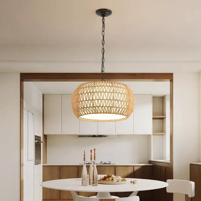 Main image of 18" Farmhouse Pendant Light with Adjustable Height, Boho Woven Jute Rope Hanging Ceiling Light Fixture, E26 Base, 60W Max, Compatible with Flat, Vaulted, and Sloped Ceil (Bulb Not included)
